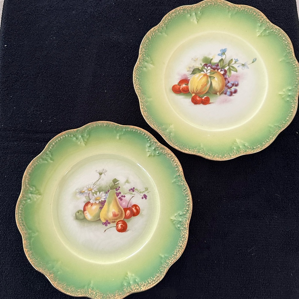 Limoges green signature  Green and White Display plates with Fruit Motif